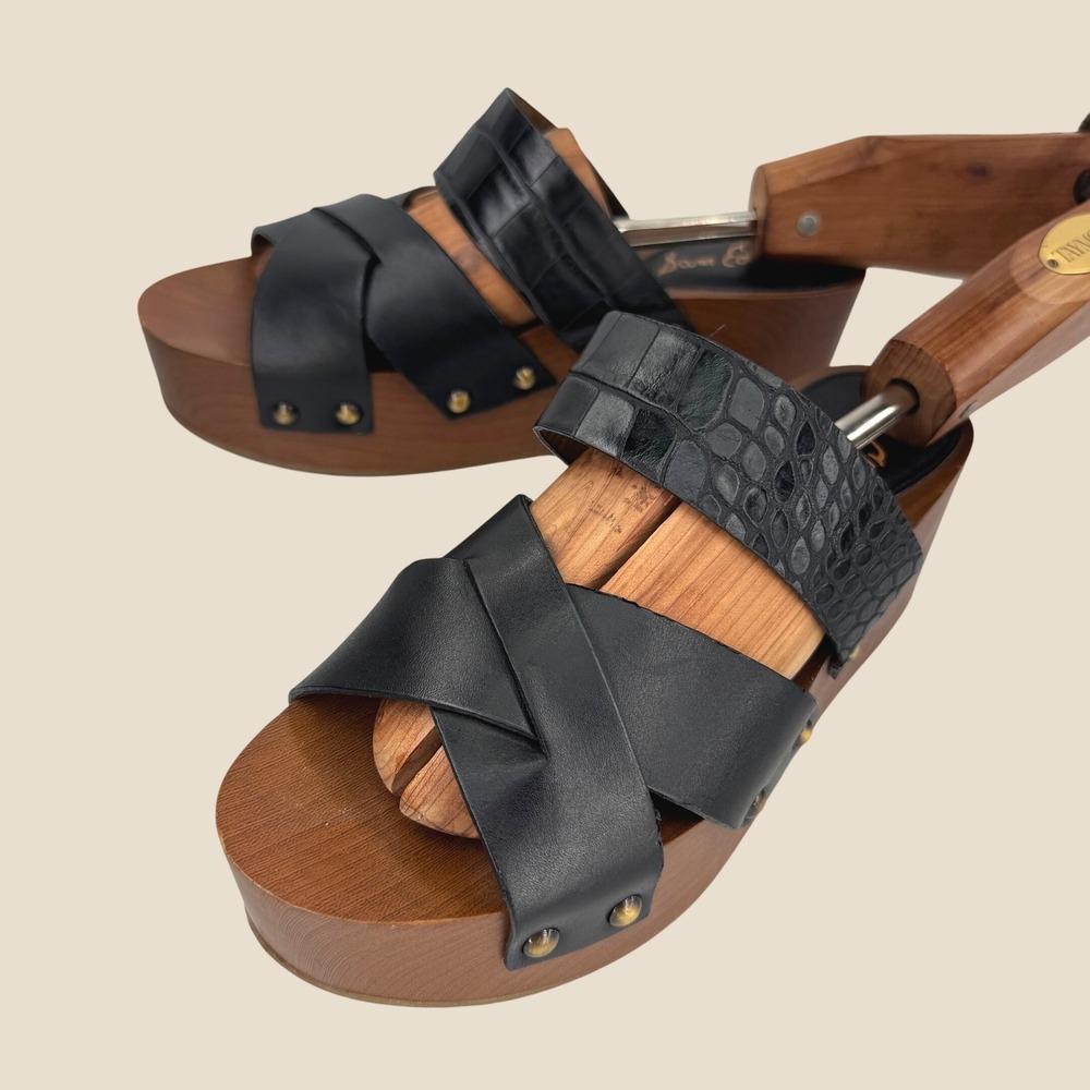 Sam Edelman Bane Platform Sandals Women 6.5M Black Leather Studded Wood Wedge